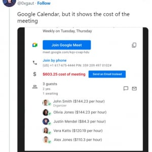 Googleカレンダーに会議コストの表示機能があったら？ 「これは具現化すべきアイデア」「他の人の給与がわかるという点を見過ごしてはいけない」