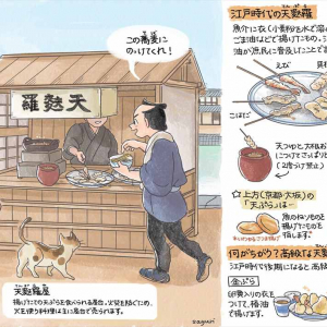 江戸時代の『天ぷら』を解説するイラストが話題に！鮨や蕎麦と並ぶ江戸のまちの人気屋台フードだった！