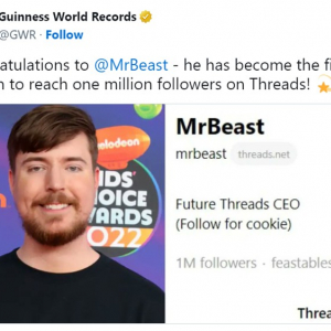世界一稼ぐYouTuberのMrBeastが「Threadsのフォロワーが100万人に到達した最初の人」としてギネス世界記録認定