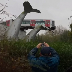 えっ！？マジかよ！電車が停止線をオーバー！落下の危機を救ったのはクジラのオブジェだった！