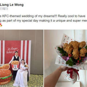 ケンタッキーフライドチキンがテーマの結婚式を挙げたシンガポールのカップル