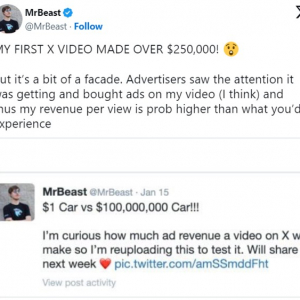 いくら稼げた？ Xに動画を初投稿したMrBeastが広告収入の結果を発表