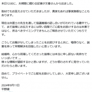 「交際0日婚」の平野綾さんと谷口賢志さんが離婚協議中との報道　平野さん・谷口さんがそれぞれコメントを発表