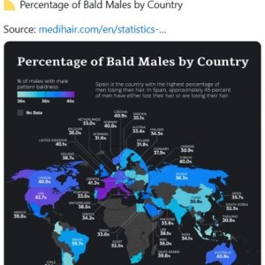 国別ハゲてる男性の割合 →日本の順位は？