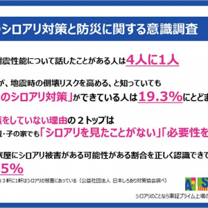 アサンテがシロアリ対策 意識調査、地震時の倒壊リスクを高めるシロアリの怖さを知りつつも対策ゼロが8割「ことし帰省したら家族で床下メンテナンスの話し合いを」