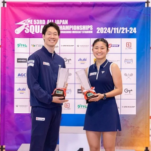 第53回全日本スカッシュ選手権大会で、遠藤共峻選手が初優勝＆渡邉聡美選手が王座奪還