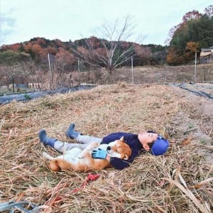 仲良くウトウト。藁の上で気持ちよさそうに横になる子供と柴犬の姿が話題に！「藁って何気に暖かい」「素敵な腕枕で幸せそう」