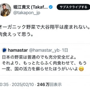 堀江貴文さん「オーガニック野菜で大谷翔平は産まれない。肉食えって思う」ツイートに反響