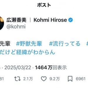 広瀬香美さんが「野獣先輩」「良い曲だけど経緯がわからん」等ツイートし反響