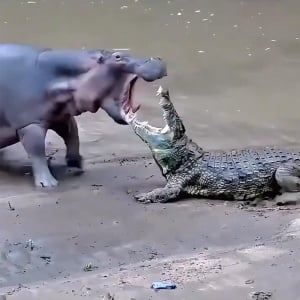 カバ vs ワニのバトル動画→ 衝撃の結末→ 人気ありすぎて1500万再生突破