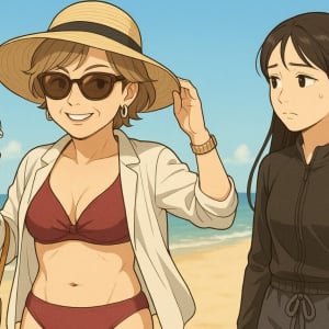 義母のボディアピールが止まらない！海辺で炸裂した“マウントビキニ”