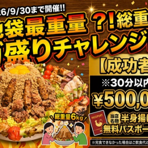 【東京都豊島区】「神鶏 池袋」でメガ盛りチャレンジ！総重量約6kgを30分で完食すると半身揚げ1年無料