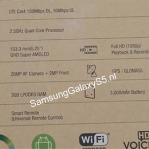 Galaxy S 5のスペックを記載した製品箱の写真とマニュアル画像が流出