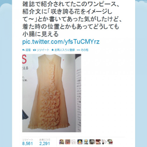 「咲き誇る花をイメージしたワンピースが小腸に見える」　高級ドレスの画像が『Twitter』で話題に